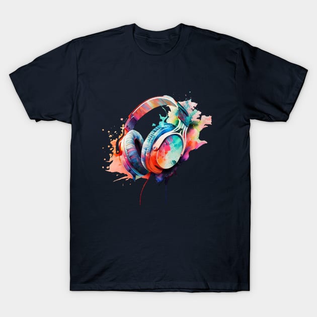 Funky Music Headphones, Watercolour Painting T-Shirt by KOTOdesign